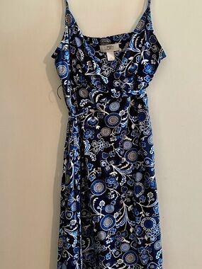 LOFT Navy and White Floral Midi Wrap Dress